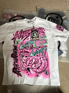 Men’s ' White Graphic Tee - Pink & Teal Brain Design